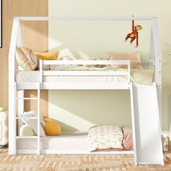 Stable Base Bunk Bed with Ladder Slide Falling Protection House Bed Strong Load Bearing Double Bed Solid Structure Wood Frame Family Loft Bed Bedroom