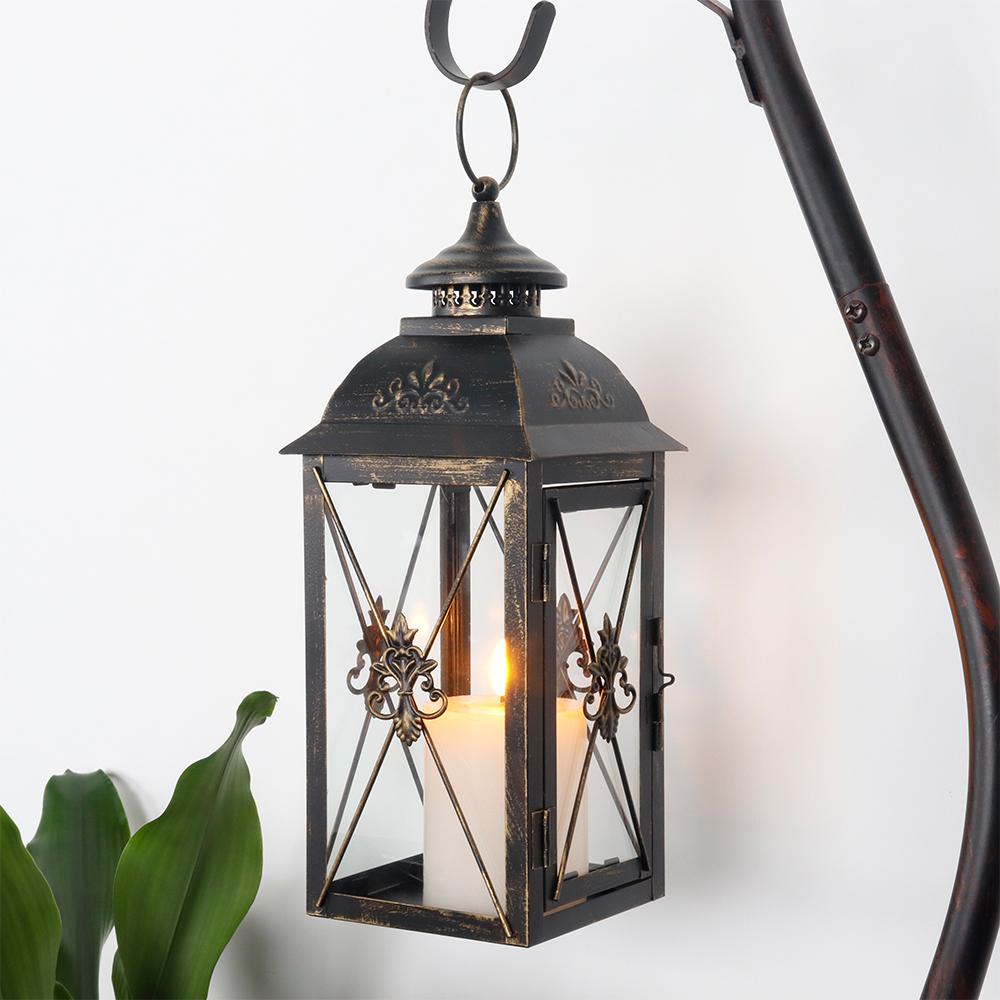 Vintage Black Metal Lantern with Hanging Top Candle Lantern for Home Wedding Decor