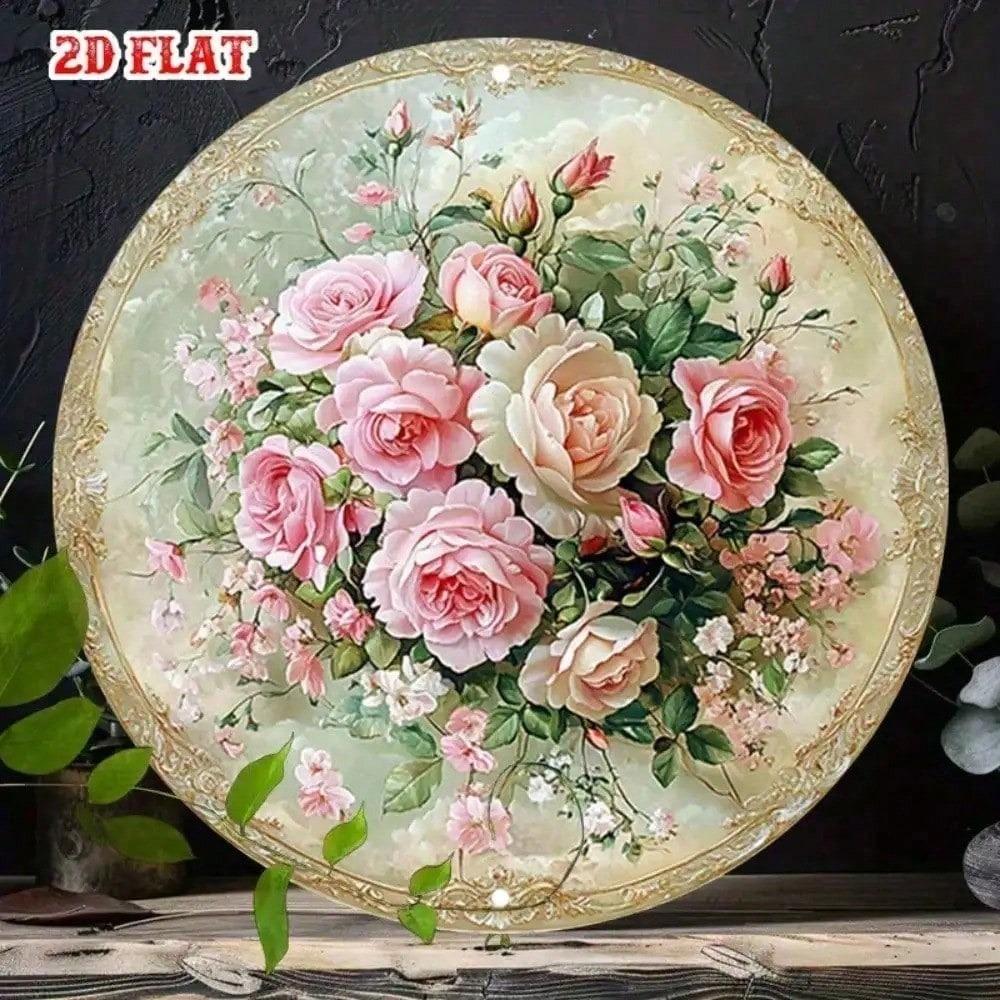 Vintage Round Metal Sign Aluminum Wall Art Floral Plate Retro Home Decor
