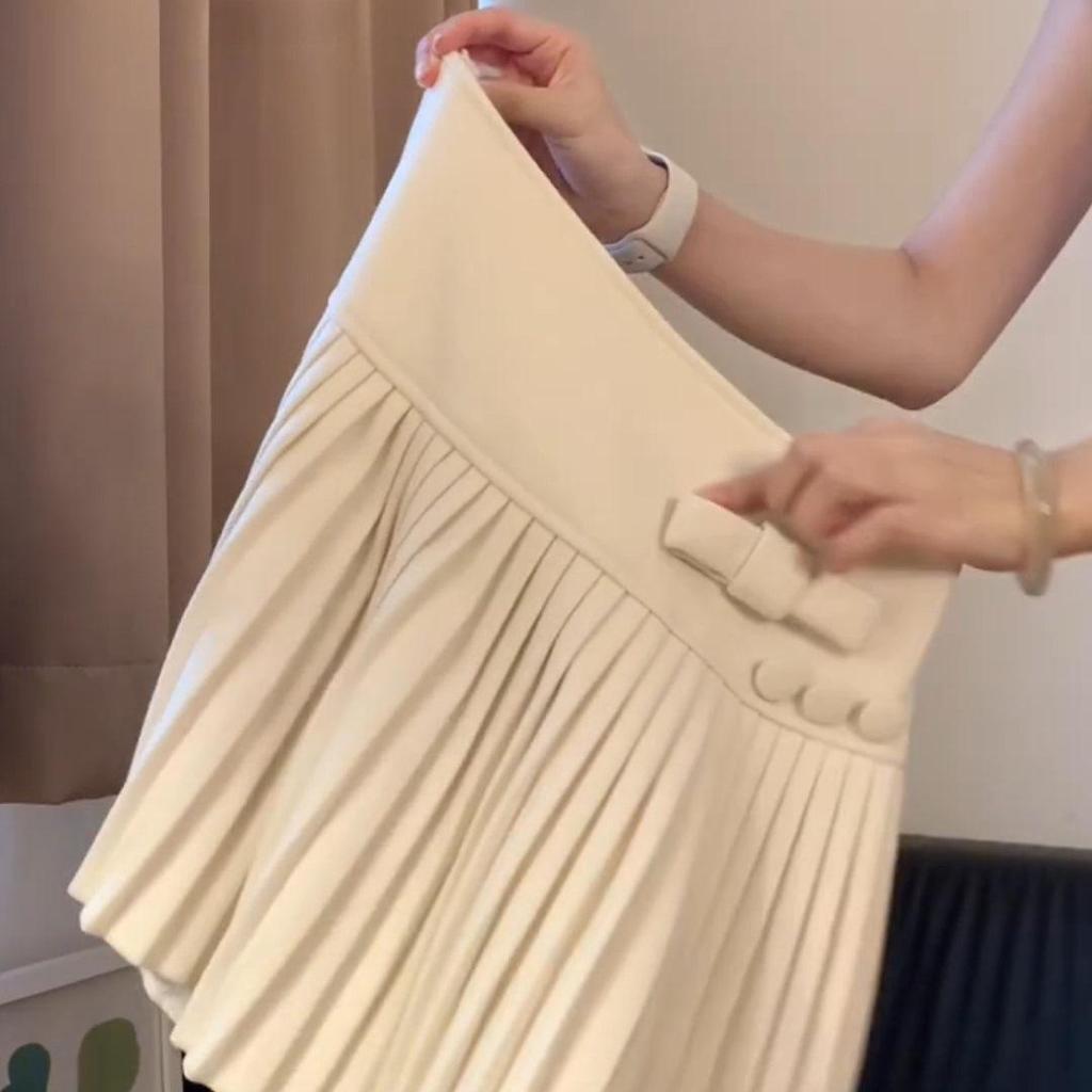 Sweet Bow A-Line Wool Skirt - High Waist, Slimming, Anti-Exposure, Women's Spring/Summer Hip-Hugging Short Skirt.