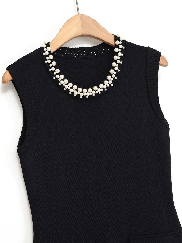 2025 Autumn French Chic Sleeveless Knit Dress with Studs and Rhinestones