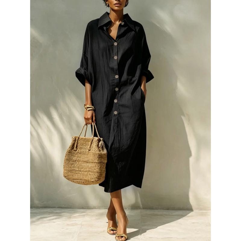 European and American women's new loose long single-breasted lapel design shirt dress women