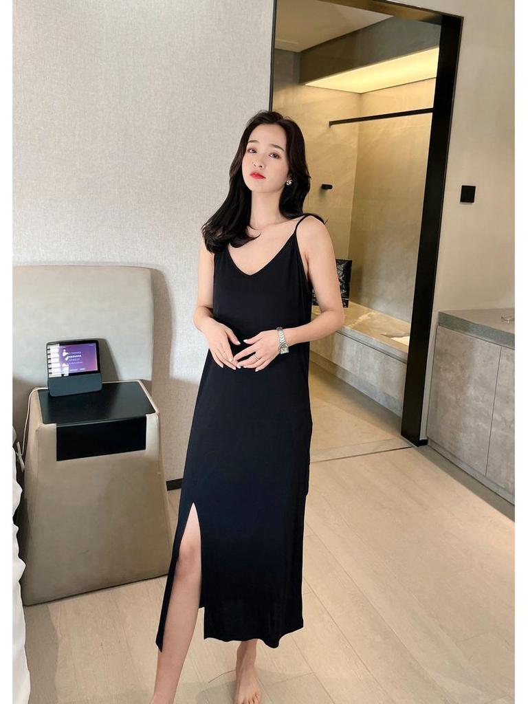 Women's Summer Modal Slim Fit Tank Dress with Double Shoulder Straps and Side Slit