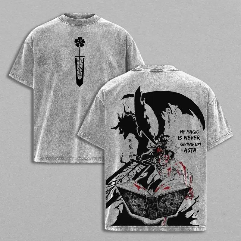 Asta Print T-shirt Anime Black Clover Clothing Men Women Casual Cotton Tshirts Retro Washed T Shirt Harajuku Male Loose Tops