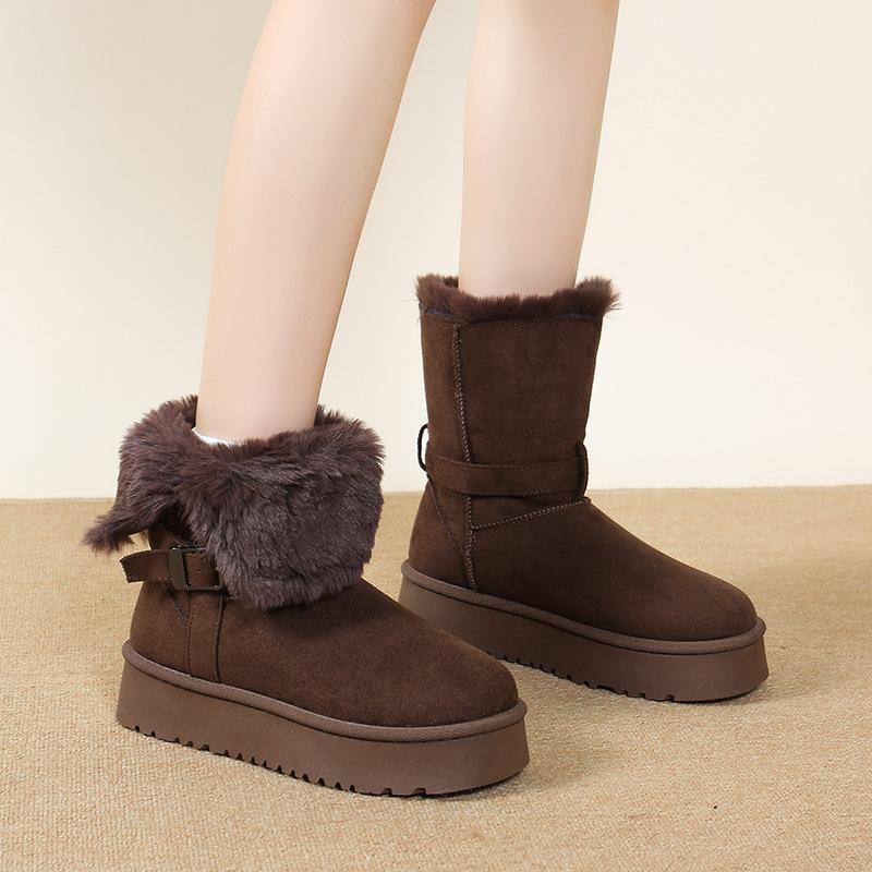 thick-soled two-wearing medium tube snow boots for women's winter new fur integrated fluffy cotton boots piled and piled cotton shoes