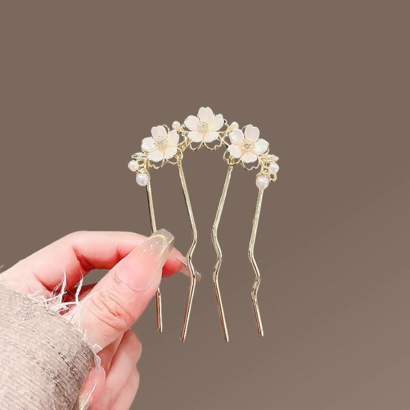 1Pcs Elegant Pearl Flower Hair Combs Pins French Retro Bun Hair Accessories Women Daily U-Shaped Hairpin Female Alloy Hair Clasp