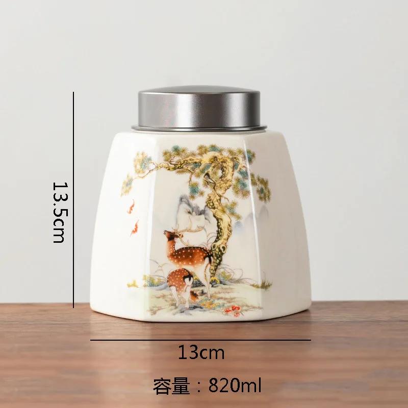 Retro Hand Painted Ceramic Tea Jar Tea Box Alloy Cover Sealed Moisture Proof Jar Tea Canister Candy Jar Household Teas Container