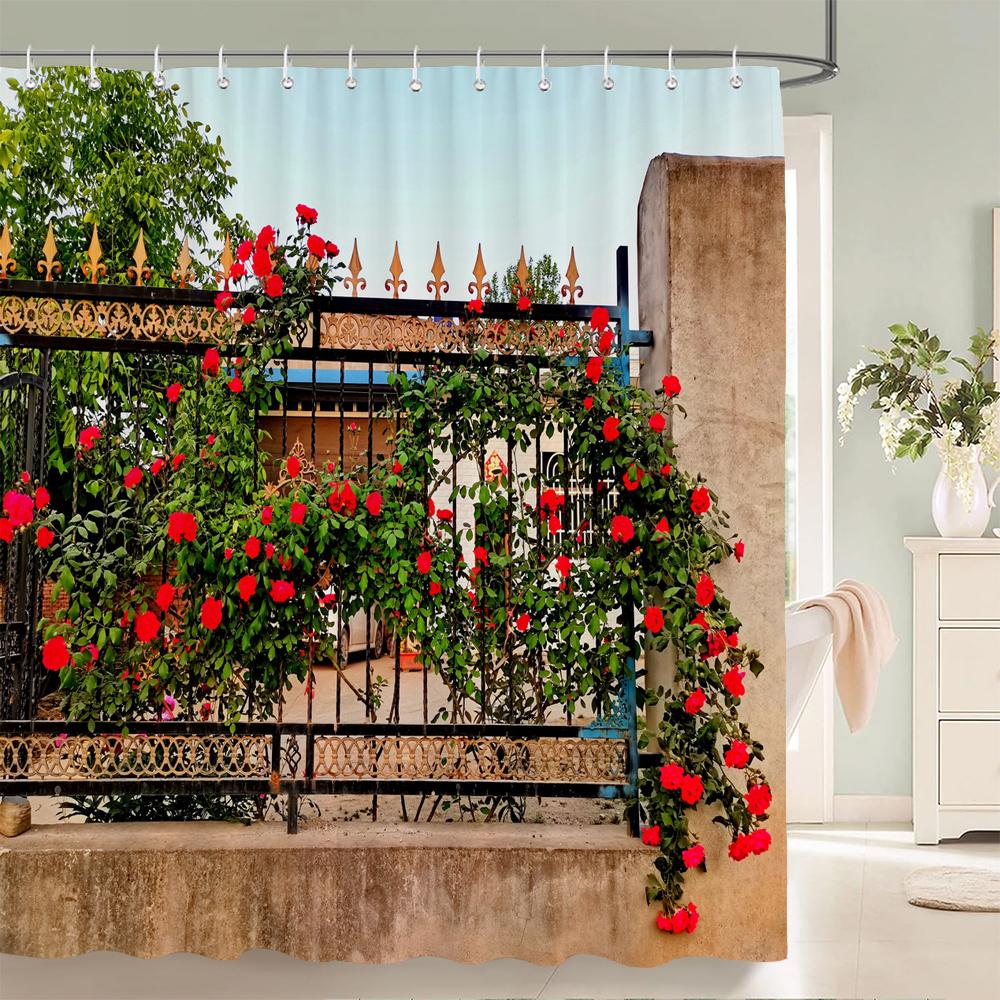 Country Garden Natural Flowers Scenery 3D Print Polyester Fabric Waterproof Shower Curtains Bathroom Curtain 180*200 with Hooks