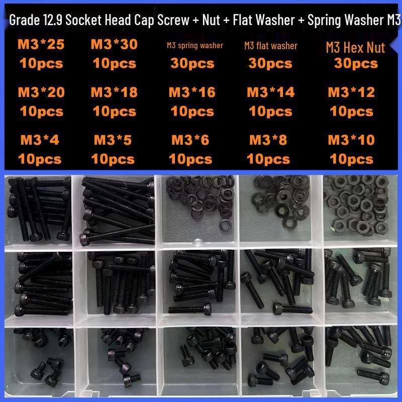 360-Piece High Strength Grade 12.9 Internal Hex Socket Screw and Hex Nut Set (M3, M4, M5, M6)