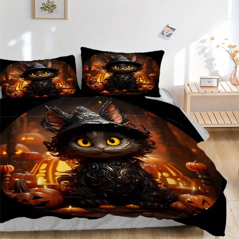 3pcs Handsome Black Cat Halloween Pattern Bedding Set, 1* Cover + 2*Pillowcases, Printed Bedding Set, Soft and Comfortable, Suitable for Bedroom