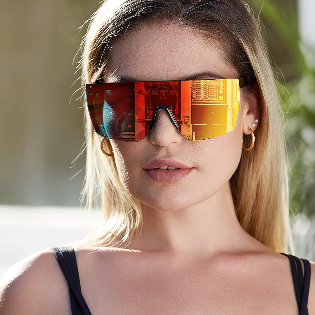 Men'S Sunglasses Mirrored Oversized Rimless Sun Glasses For Men Women Flat Top Shield Wrap Square Uv400