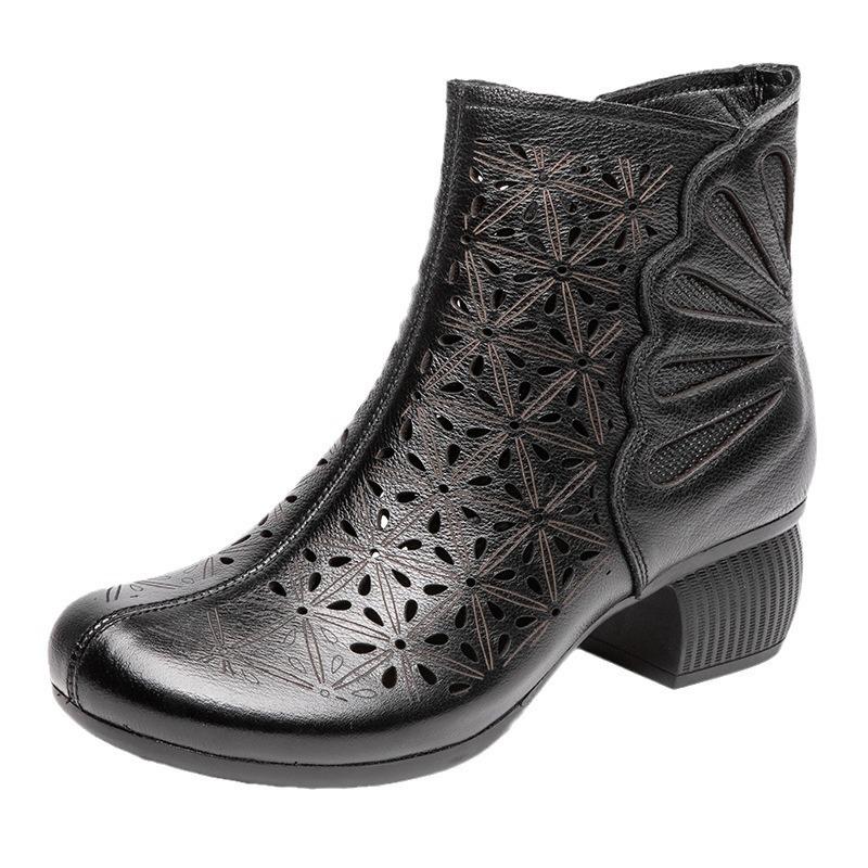 Soft-soled Short Boots Breathable Hole Mother High-top Sandals New Hollow Leather Thick High-heeled Cool Boots