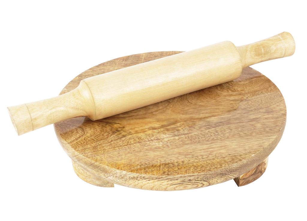 Trifri Hacedor de Roti Redondo de Madera Hecho a Mano Chakla Belan de Madera Tabla de Rodillo de Madera 21,5 cm Con Rodillo de Madera y Tabla 29,5 x 2,5