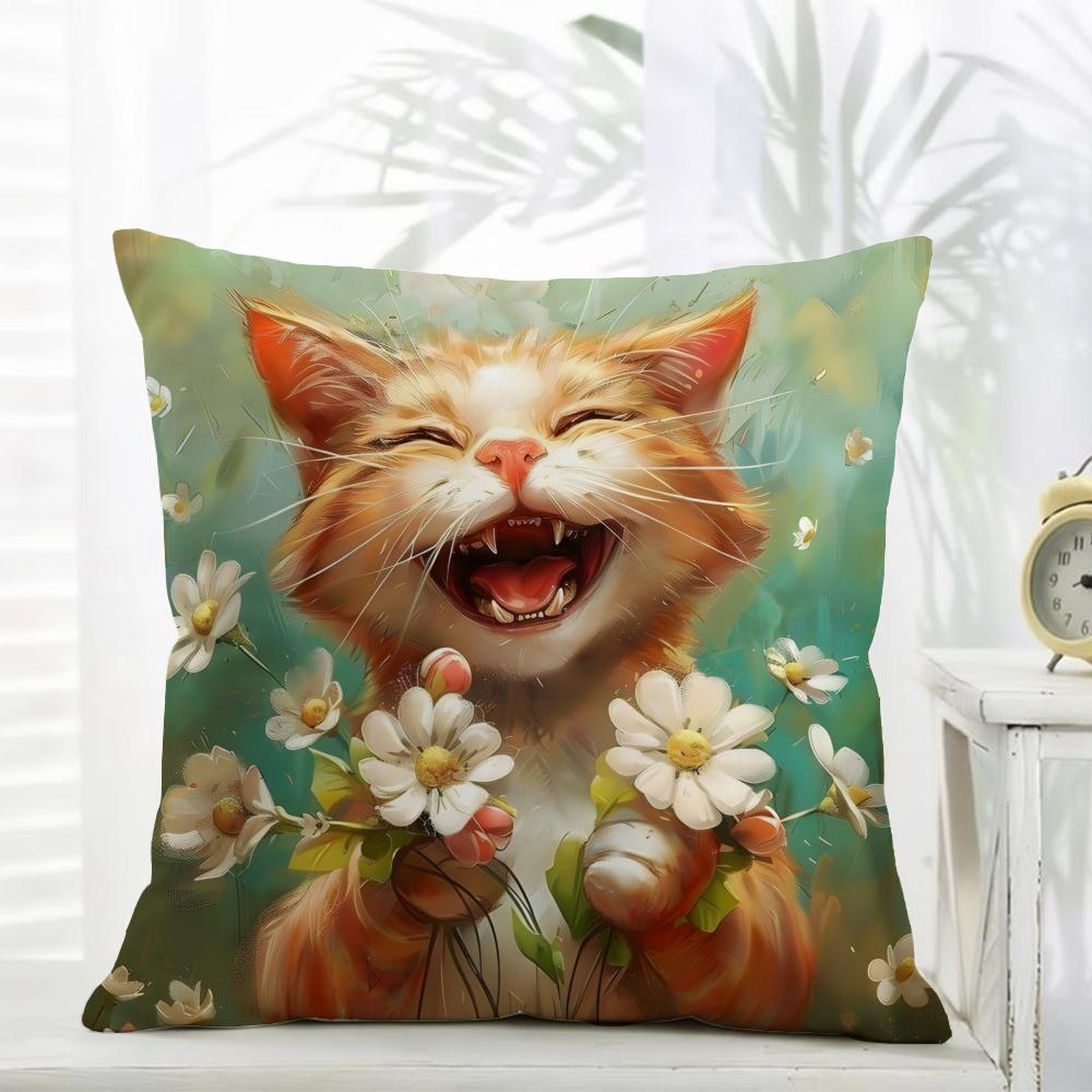 Cute Oil Painting Colorful Cat Cushion Cover Comfort Daily Washable Linen Soft for Sofa Bed Home Room Decor