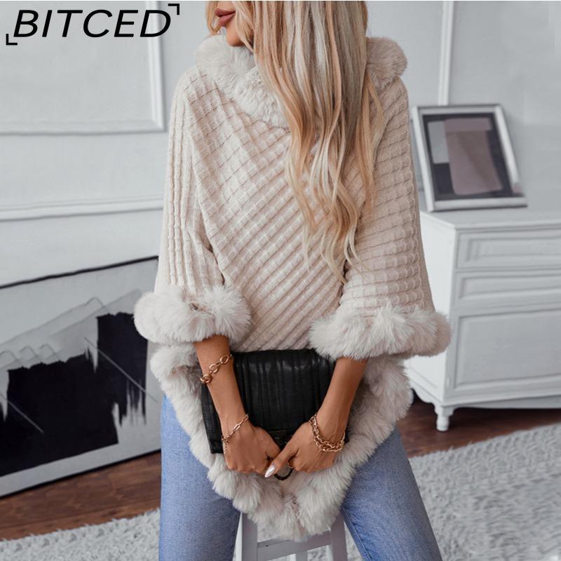 BITCED Solid Colour Wool-Trimmed Pullover for Women Autumn/Winter Thick Vintage Check Knitted Cape Shawl