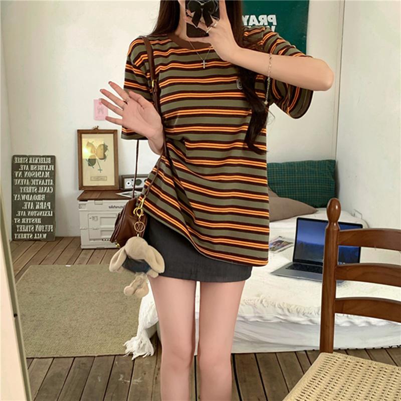 American Retro Striped Short-sleeved T-shirts Women's Preppy Style Summer Casual Loose Casual Versatile and Thin T Shirt Y2k Tops