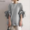ZANZEA Women Casual Round Neck Bows Splice 3/4 Sleeve Loose Blouse