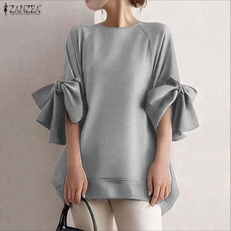 ZANZEA Women Casual Round Neck Bows Splice 3/4 Sleeve Loose Blouse
