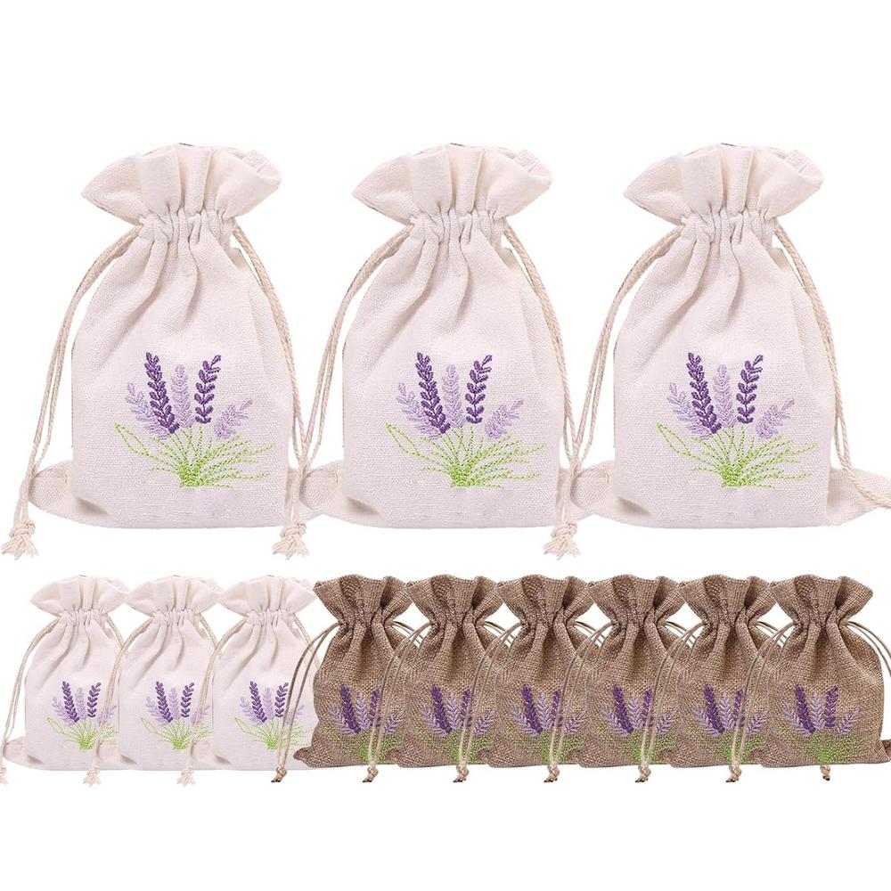 Lavender Sachet Bags Embroidered Empty Lavender Cloth Bag 12PCS with Drawstring Linen Lavender Sachets Holder Drawer Freshener