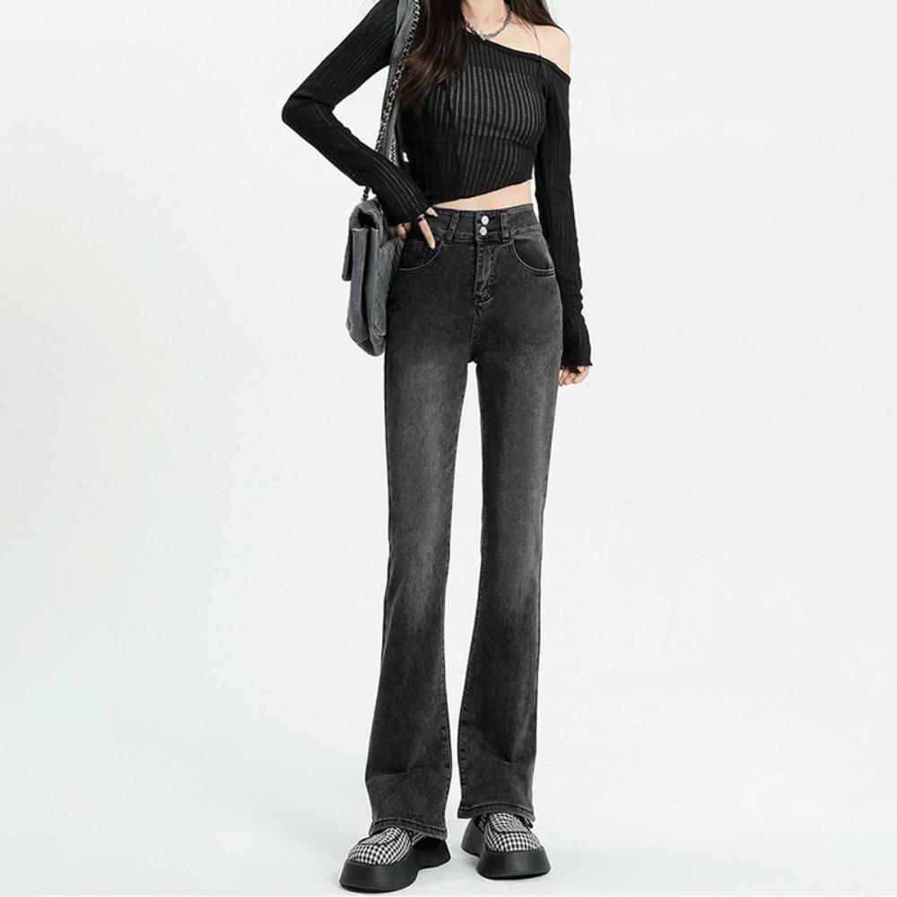 Black and Gray Korean Version of Micro-pull Jeans Women's New Summer High-waisted Horseshoe Pants, Thin Hip-covering Horn Pants