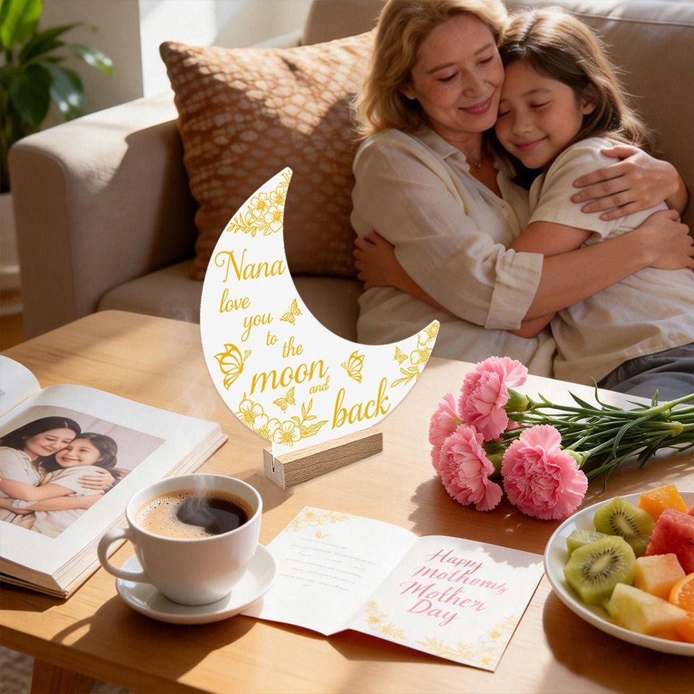 Mother's Day 3D Moon Decorative Ornaments with Wood Base Decorative Figurine  Desktop Ornament