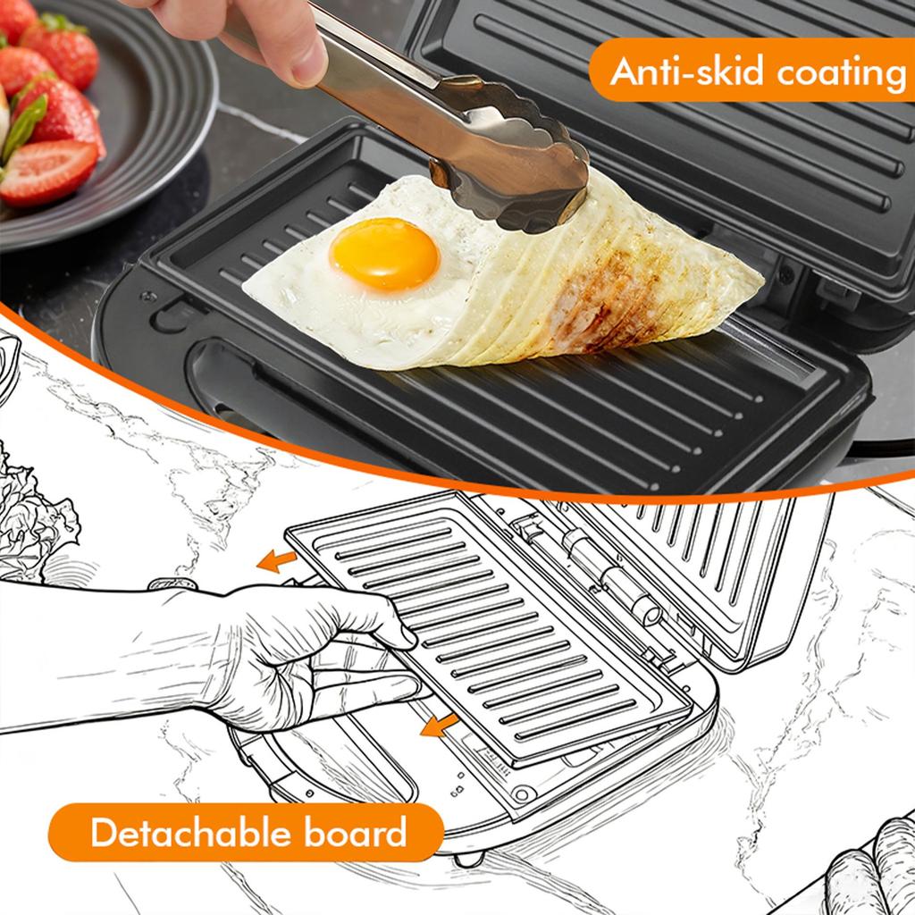 3-in-1 Non-stick Sandwich, Waffle, and Grill Maker with Detachable Plates