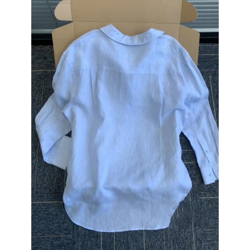 Women Linen Shirt Casual Loose Long Sleeve Thin Summer Turn Down Collar French Style Sunscreen Clothing