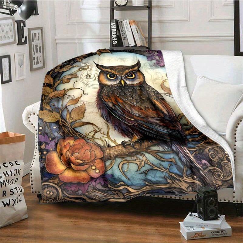 Owl Art Blanket Personalized Name Nature Fleece Throw All Season Soft Warm Bedding Home Decor Gift for Animal Lovers