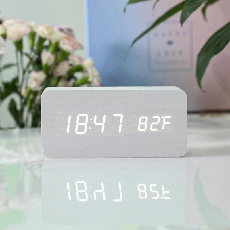 Wooden Square LED Smart Alarm Clocks for Bedrooms Digital Bedside Clock with Temperature Voice Control Desktop Clock