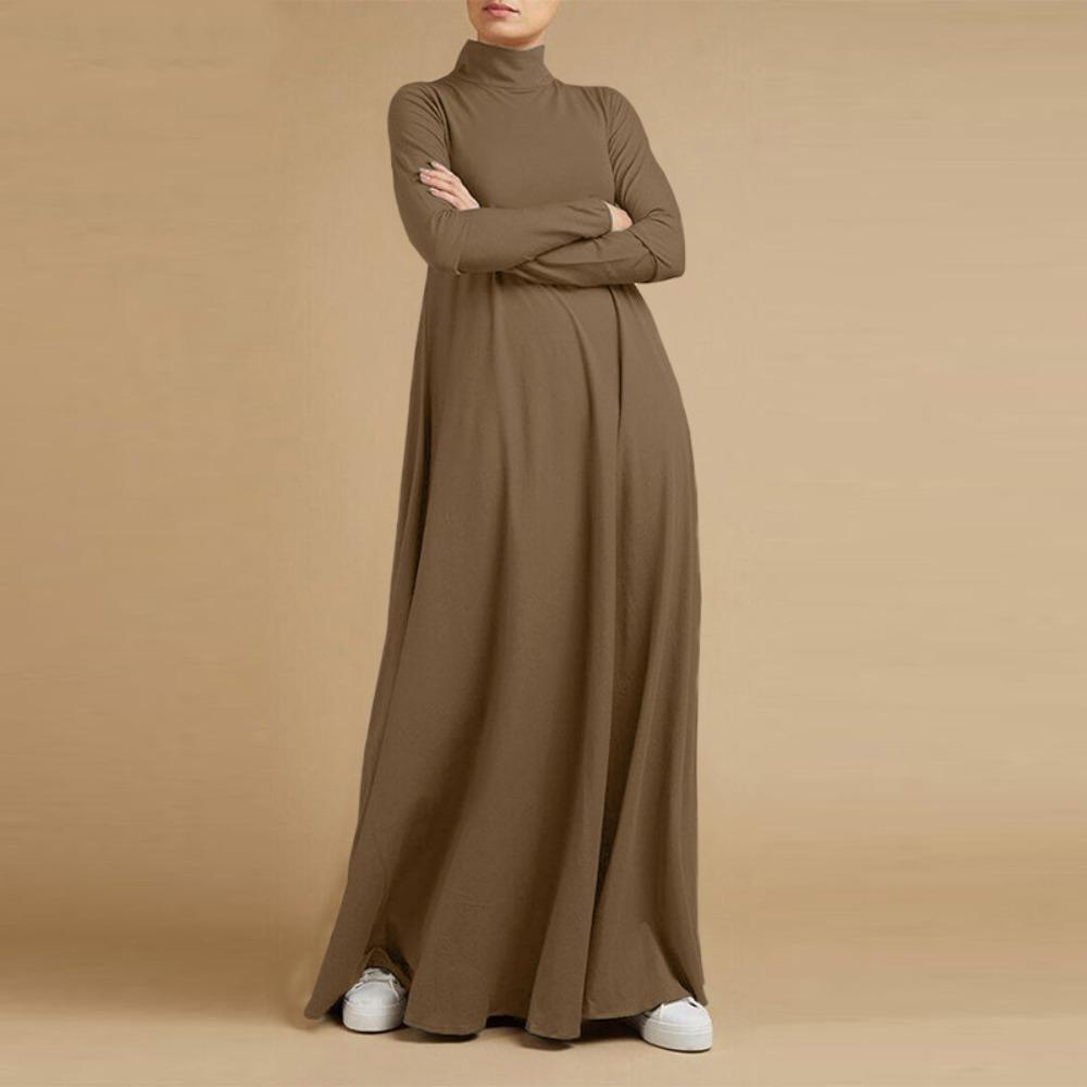 Damen Rollkragen Langarm Maxikleid Lockere Passform Einfarbig A-Linie Lässiges Abaya Langes Kleid