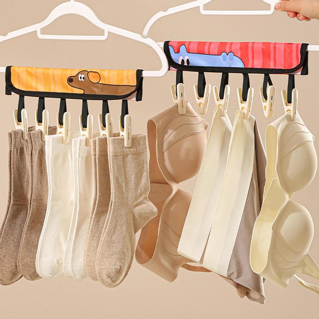 Foldable Travel Hanger 6-Clip Socks Drying Rack Compact Space-Saving Clothes Hanger for Underwear Towels, Hotel Laundry Camping
