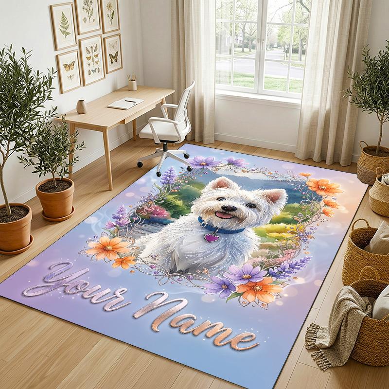 Floral Garden Theme Crystal Velvet Rug Personalized Custom Name Text Soft Floor Mat Home Decor