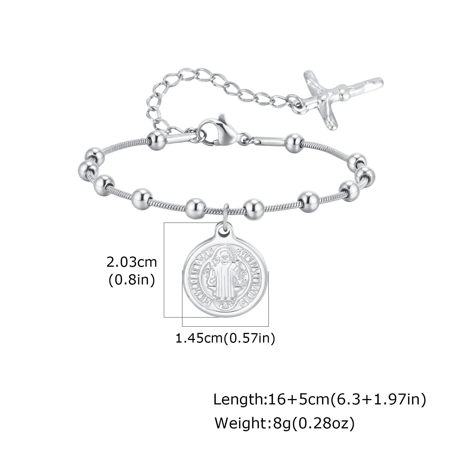 Religious Saint Benedict Virgin Mary Bracelet for Women, Holy Rosary Cross Jesus Tail Charm Bracelet, Stainless Steel Jewelry
