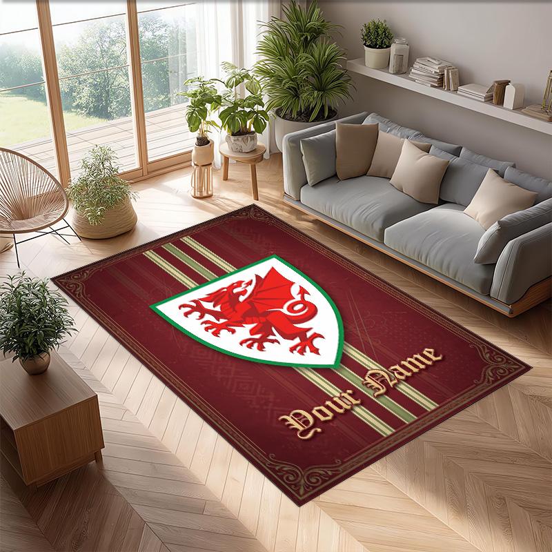 Wales Rugby Crystal Velvet Rug, Custom Name Text Personalized Non‑Slip Floor Mat for Home Decor Gift