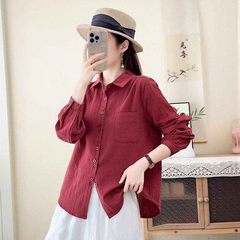 New Japanese lazy style double-layer cotton yarn pure cotton long-sleeved shirt women's simple temperament loose and thin lapel shirt