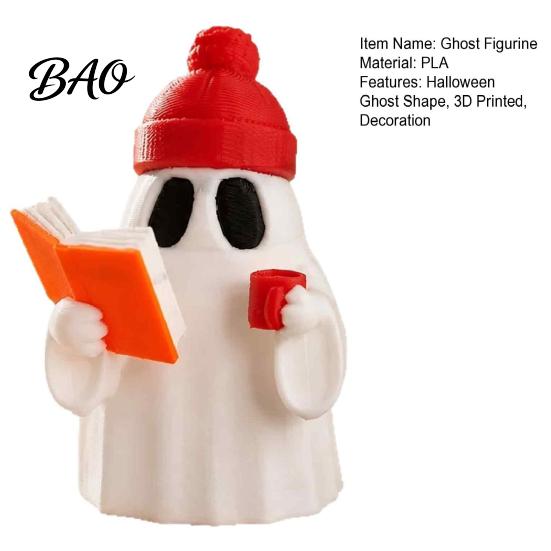 Ghost Sculpture 3D Printed Halloween Figurine, Red Hat Reading Statue Statue, Holding Coffee for Holiday Party Decoration Figurine