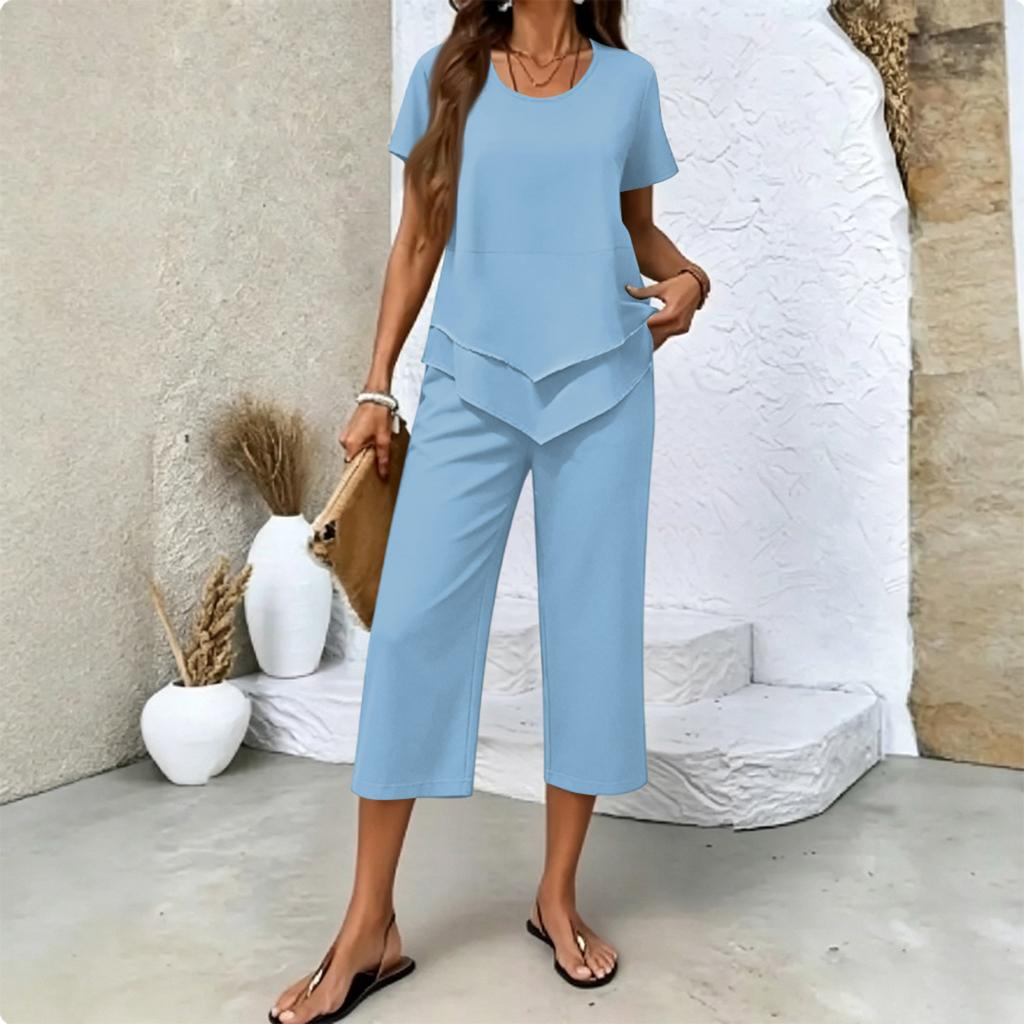 Women's Casual Two Piece Set Short Sleeve Round Neck Top with Layered Hem and Cropped Wide Leg Pants Comfortable Lounge Outfit