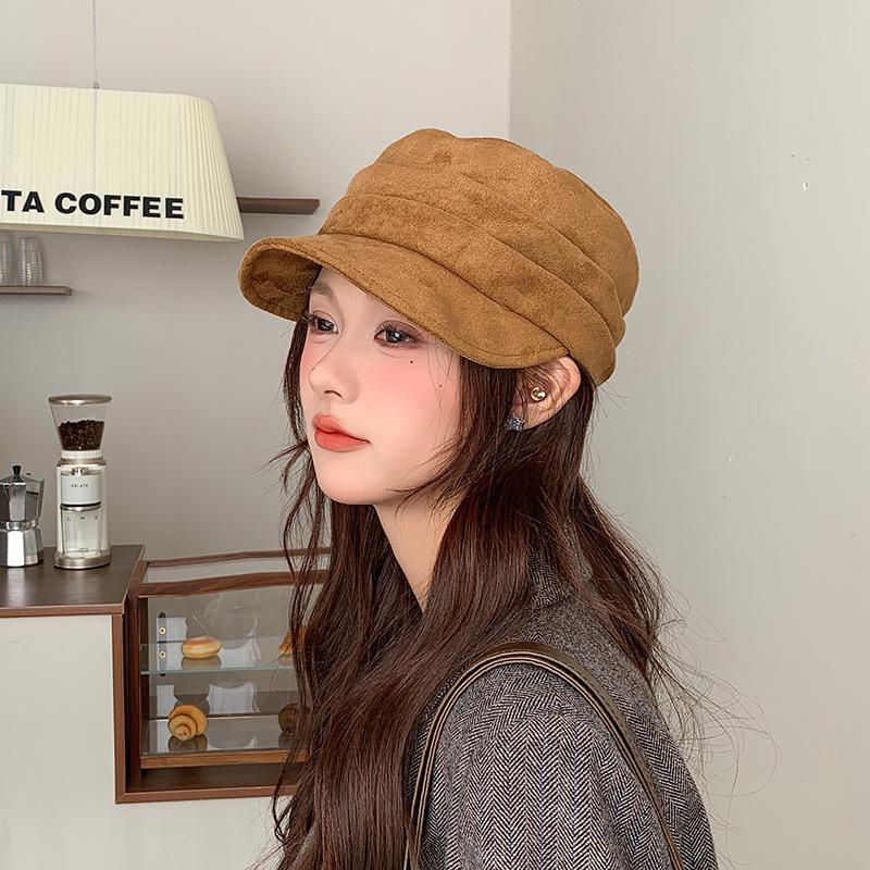 Retro Pleated Suede Flat-top Equestrian Hat for Women In Autumn and Winter Newsboy Hat Versatile Face Showing Small Duck Tongue Beret
