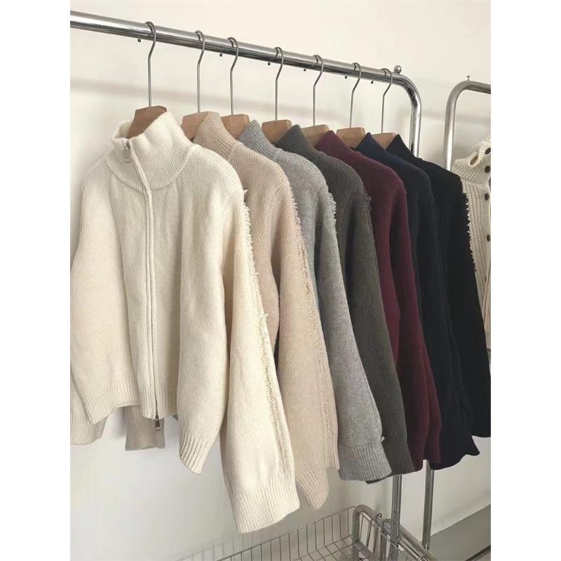 Real Shot Stand-up Collar Double Zipper Design Sense Solid Color Arm Fringe Long Sleeve Loose Lazy Wind Knitted Jacket Cardigan Women