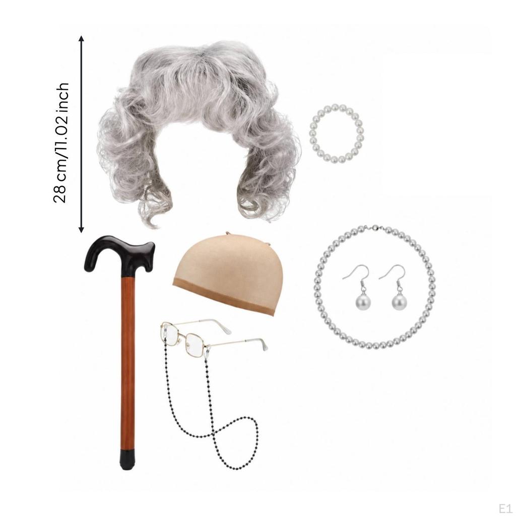 Halloween Granny Hairpiece with Glasses | Voluminous Rounded Curl Pattern, Old Lady