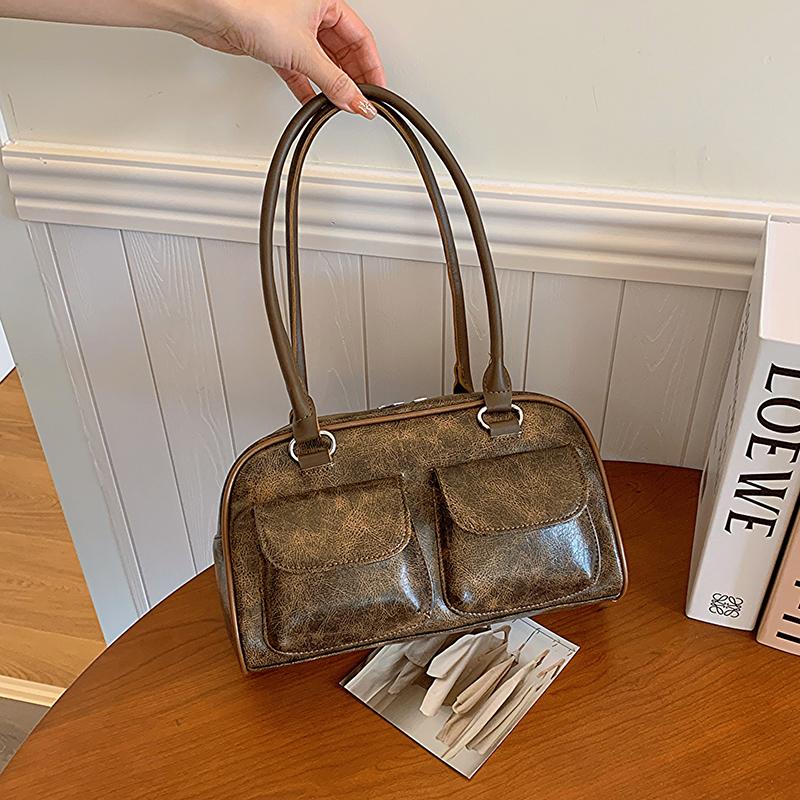 Vintage Shoulder Bag for Women Lightweight PU Handbag Large Capacity Double Zipper Multi-Pocket For Daily Commute