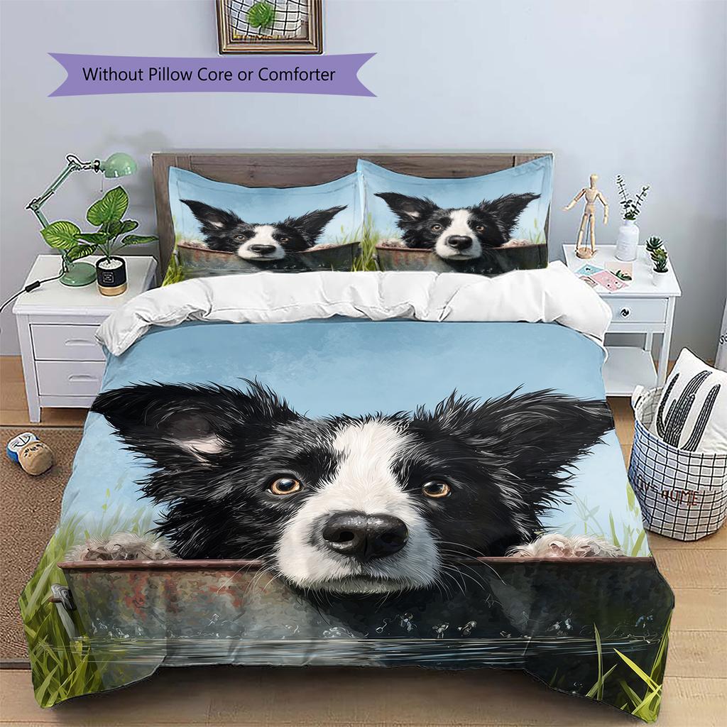 Border Collie and Grassland Pattern Bedding Home Decoration Birthday Gift (1 * Duvet Cover + 2 * Pillowcase, Without Core)