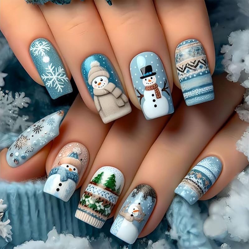 Christmas Cute Press On Nails Square Fake Nails Winter False Nails with Snowman Snowflake Designs Medium Glue On Nail Gloss Xmas Reusable Acrylic