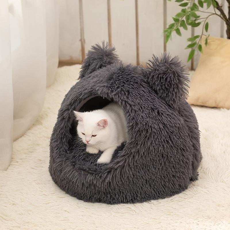 Enclosed Warm Long Plush Cat Ear Pet Bed For Cats And Dogs