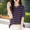 Pure Cotton Crew Neck Striped Fashionable Versatile Contrasting Color Age-reducing Short-sleeved Summer New Casual Top