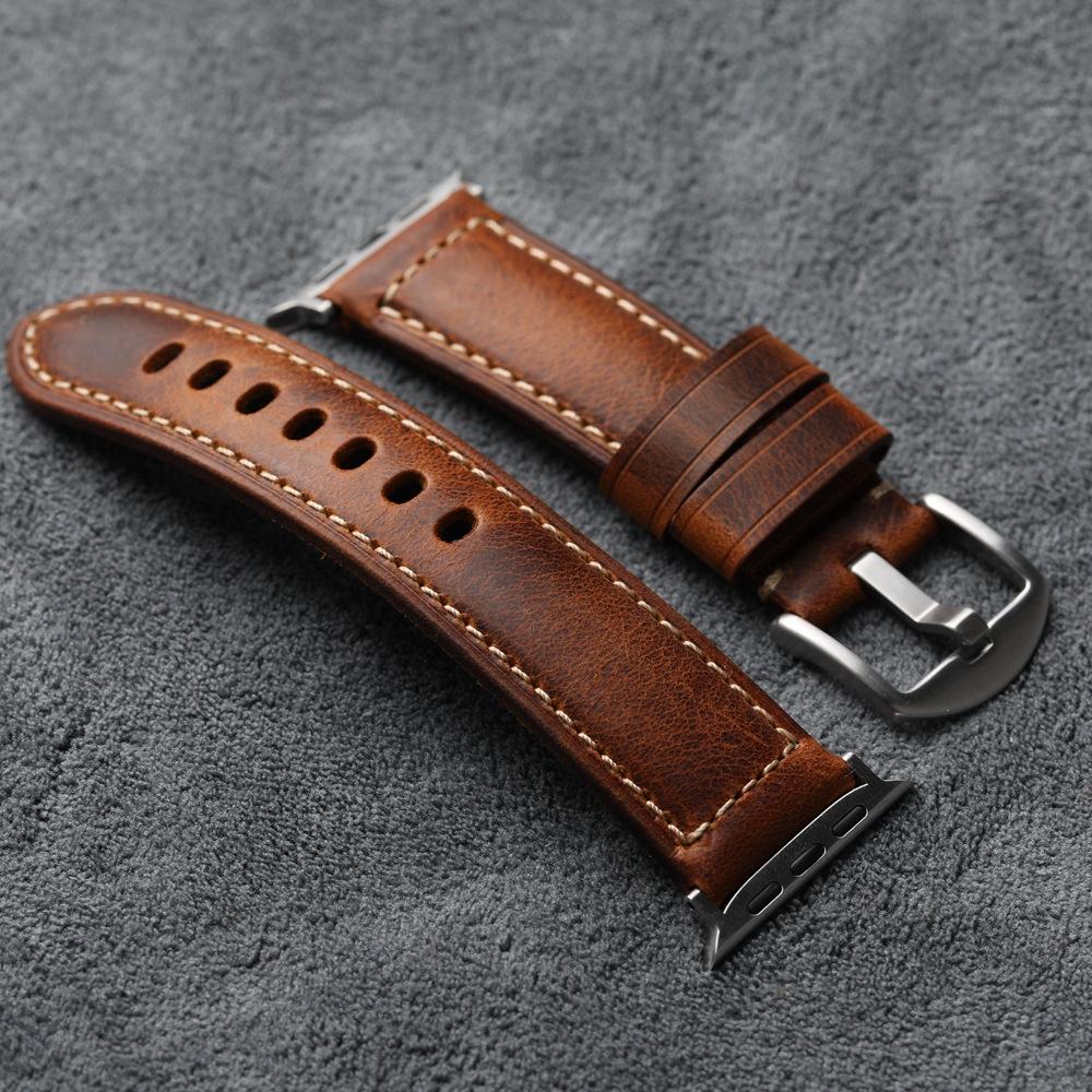 Handmade Top-grain Leather Strap Compatible with Apple Watch 9, 49mm 45 Vintage Thick Men's Genuine Leather Ultra