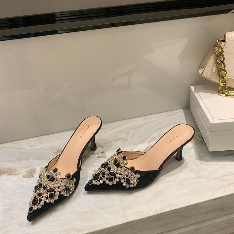 

«Лето 2024 г., корейский стиль, босоножки с острым носком и стразами, для женщин» 35 чёрный