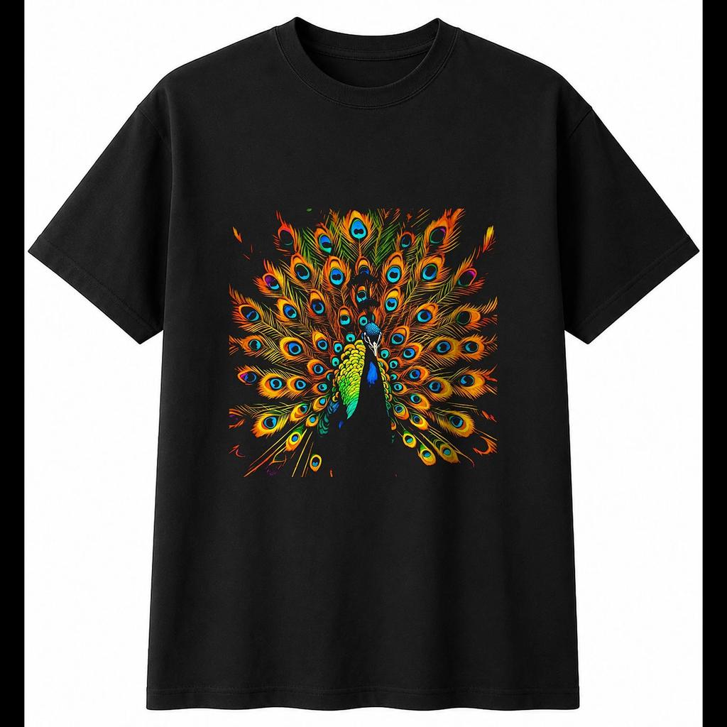 Colourful Peacock Sunbeams Bird Mens T-Shirt Black 100% Cotton Wildlife Printed