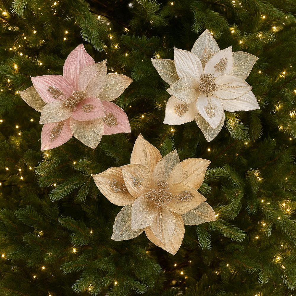 Realistic Glitter Christmas Poinsettia Velvet Christmas Tree Ornaments  Home Decor