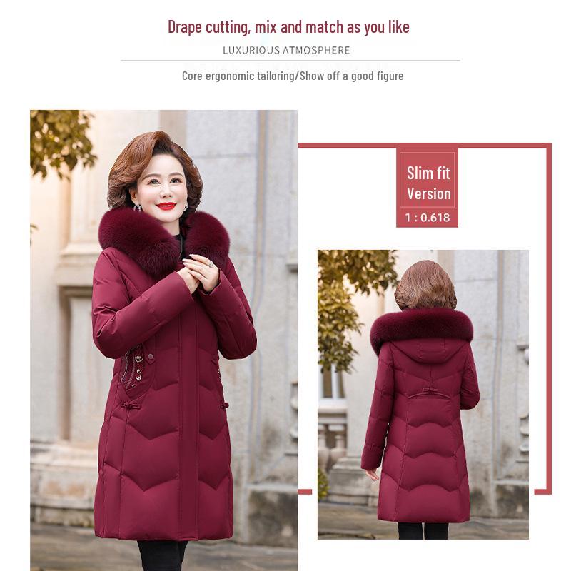 Women's Mid-Length Hooded Winter Down Jacket - Warm Embroidered White Duck Down Coat for Middle-Aged & Elderly